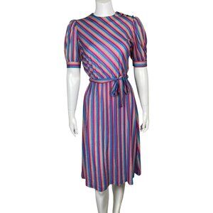 Vintage 80s Handmade Striped Midi Dress Short Puff Sleeve Belted Womens M Read